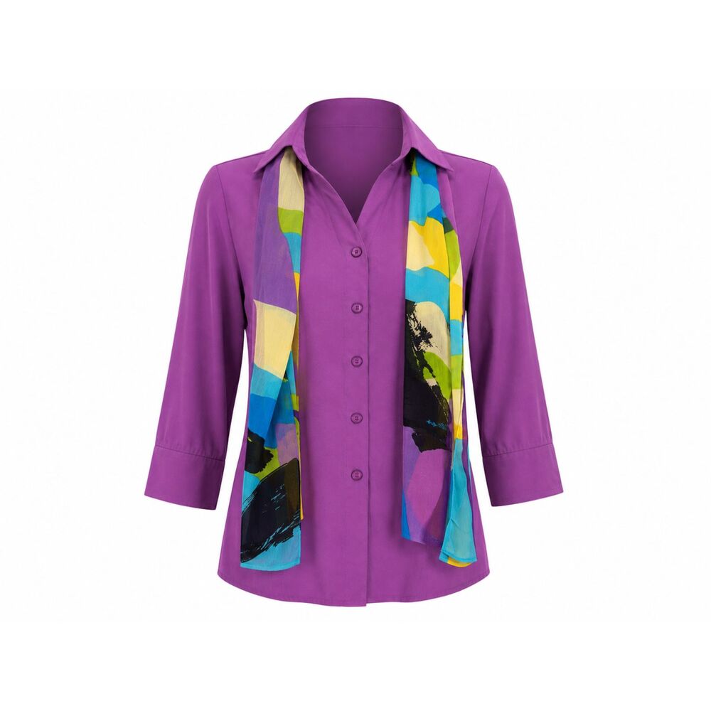 Apparenza Women's Large Purple Button Front Blouse w/ Attached Scarf 3/4 Sleeve